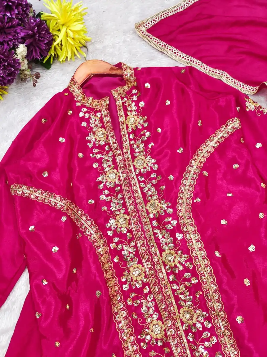1MODERN CHINON SILK MULTI THREAD EMBROIDERY WITH SEQUENCE WORK TOP LEHENGA WITH DUPATTA FESTIVE WEAR WHOLESALE PRICE ETHNIC GARMENT (10)