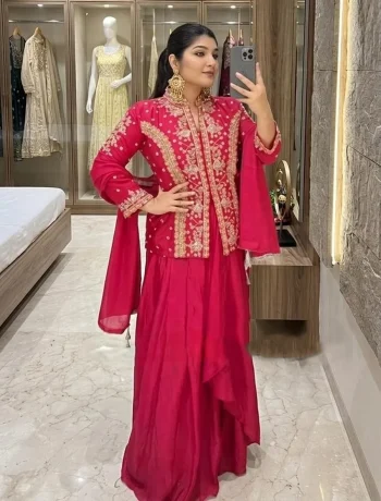 MODERN CHINON SILK MULTI THREAD EMBROIDERY WITH SEQUENCE WORK TOP LEHENGA WITH DUPATTA PINK