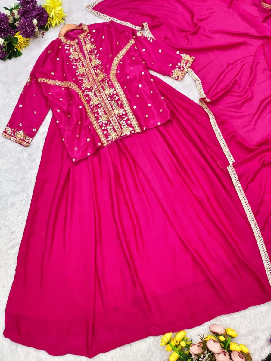 1MODERN CHINON SILK MULTI THREAD EMBROIDERY WITH SEQUENCE WORK TOP LEHENGA WITH DUPATTA FESTIVE WEAR WHOLESALE PRICE ETHNIC GARMENT (8)