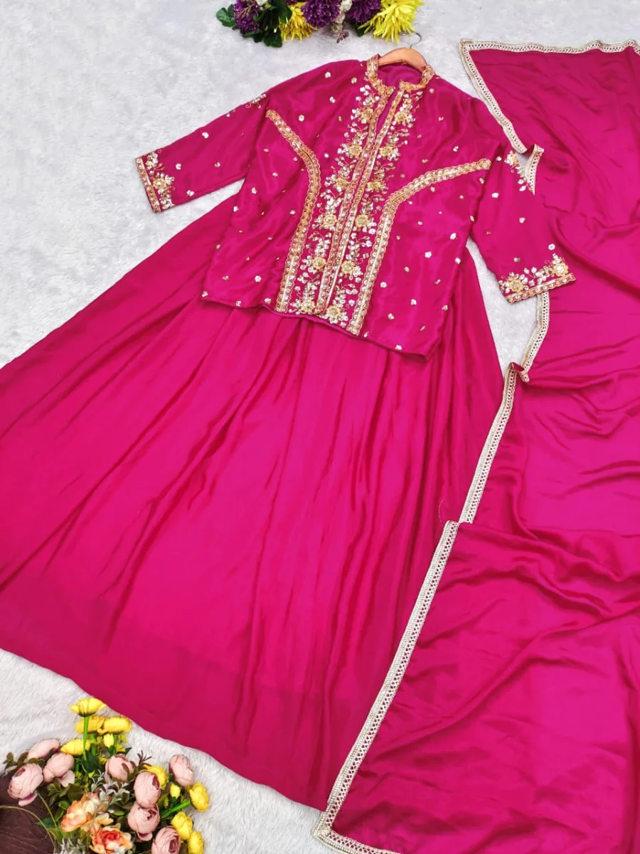 1MODERN CHINON SILK MULTI THREAD EMBROIDERY WITH SEQUENCE WORK TOP LEHENGA WITH DUPATTA FESTIVE WEAR WHOLESALE PRICE ETHNIC GARMENT (9)
