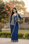 MODERN CREPE SILK EMBROIDERY SEQUENCE LACE WORK  READY TO WEAR SAREE WITH STITCHED BLOUSE AND KOTI BLUE
