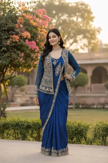 MODERN CREPE SILK EMBROIDERY SEQUENCE LACE WORK READY TO WEAR SAREE WITH STITCHED BLOUSE AND KOTI BLUE