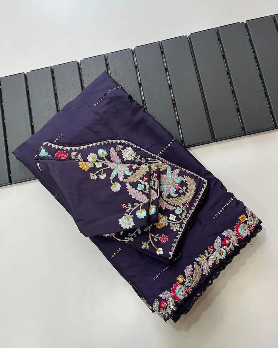 1MODERN RANGOLI SILK EMBROIDERY SEQUENCE WITH MULTI THREAD AND CUT WORK LACE SAREE WITH STITCHED BLOUSE WEDDING WEAR WHOLESALE PRICE ETHNIC GARMENT (21)