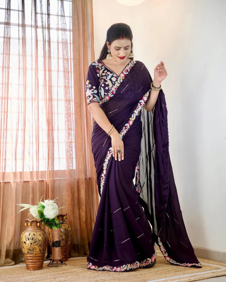 1MODERN RANGOLI SILK EMBROIDERY SEQUENCE WITH MULTI THREAD AND CUT WORK LACE SAREE WITH STITCHED BLOUSE WEDDING WEAR WHOLESALE PRICE ETHNIC GARMENT (22)