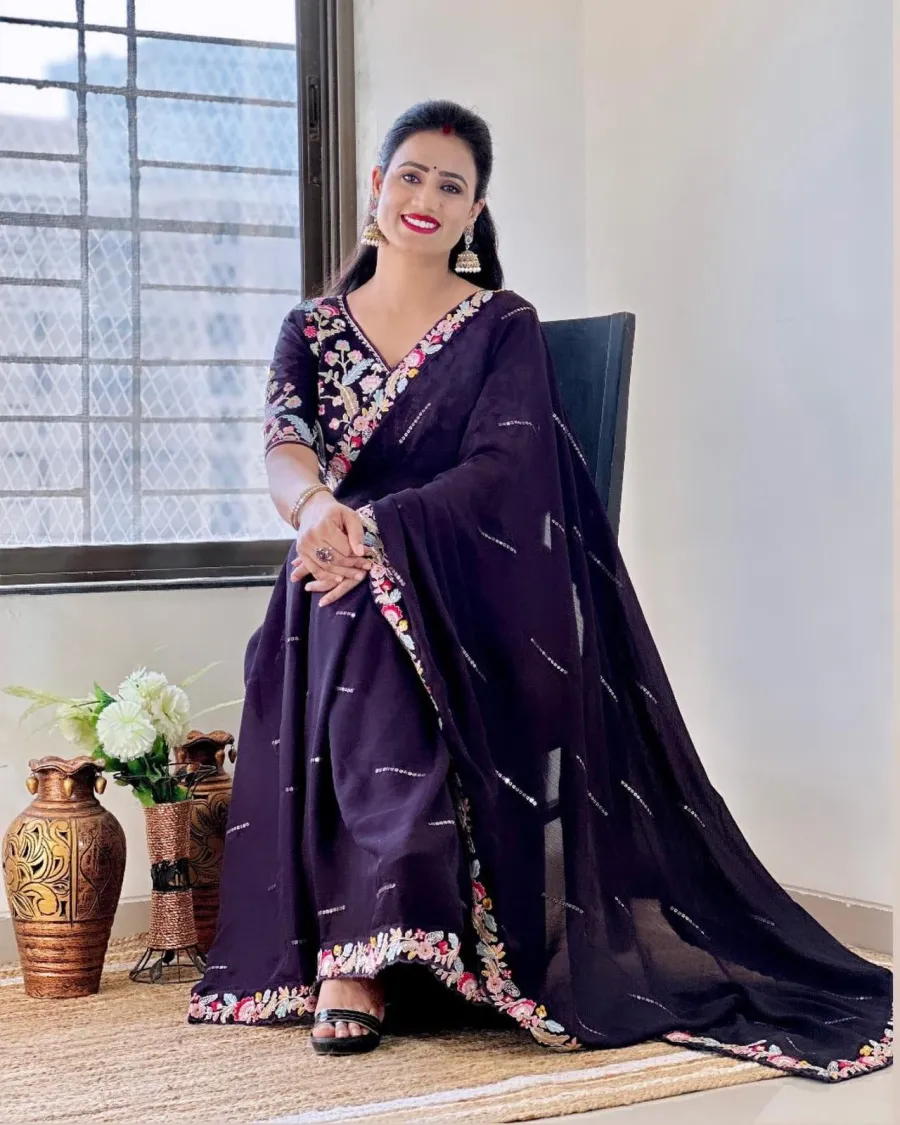 1MODERN RANGOLI SILK EMBROIDERY SEQUENCE WITH MULTI THREAD AND CUT WORK LACE SAREE WITH STITCHED BLOUSE WEDDING WEAR WHOLESALE PRICE ETHNIC GARMENT (25)