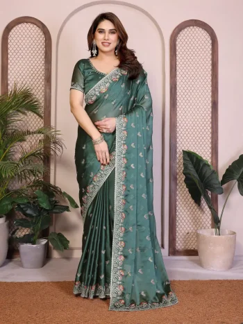 MODERN RANGOLI SILK EMBROIDERY WORK LACE BORDER SAREE WITH UNSTITCHED BLOUSE GREEN