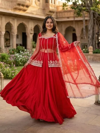 MODERN RANGOLI SILK EMBROIDERY WORK LEHENGA KOTI WITH DUPATTA RED
