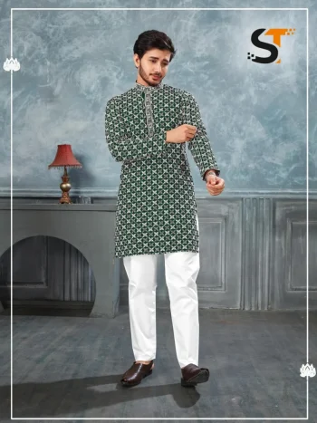 MODERN RAYON  CHIKAN WORK MEN'S KURTA PAYJAMA GREEN