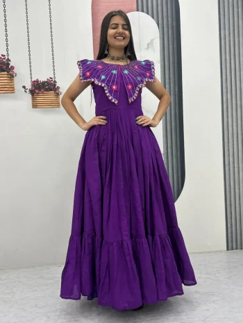 MODERN ROMAN EMBROIDERY THREAD & KHATLI WORK GOWN PURPLE