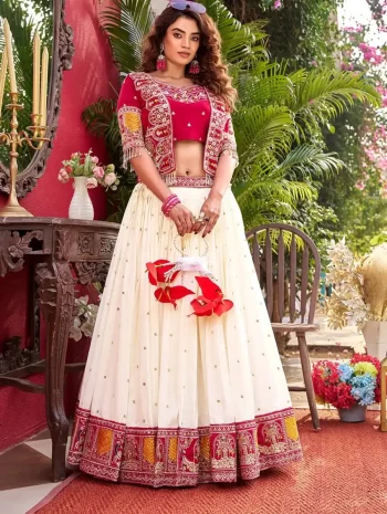 MODERN VICHITRA EMBROIDERY THREAD WORK LEHNEGA CHOLI WITH KOTI PINK