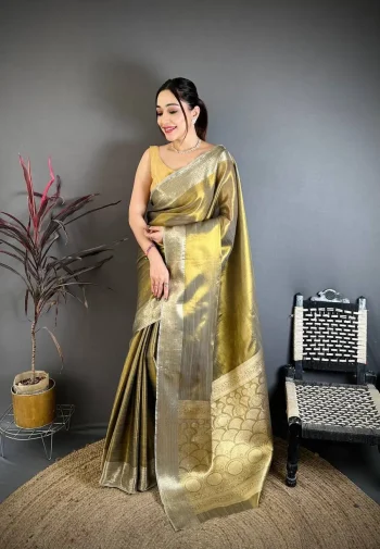 NEW ARRIVAL BANARASI TISSUE SILK WEAVING ZARI WORK SAREE WITH UNSTITCHED BLOUSE MEHNDI