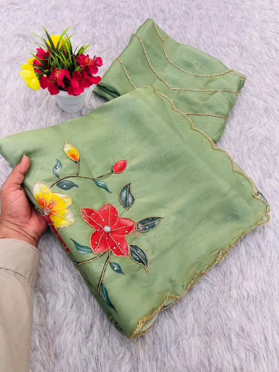 1NEW ARRIVAL GMY SILK FLORAL PRINT WITH BEADS AND CUTDANA HANDWORK BORDER WITH REAL MIRROR WORK SAREE WITH UNSTITCHED BLOUSE PARTY WEAR WHOLESALE PRICE ETHNIC GARMENT (10)