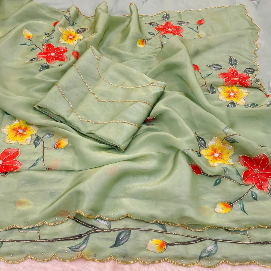 1NEW ARRIVAL GMY SILK FLORAL PRINT WITH BEADS AND CUTDANA HANDWORK BORDER WITH REAL MIRROR WORK SAREE WITH UNSTITCHED BLOUSE PARTY WEAR WHOLESALE PRICE ETHNIC GARMENT (5)