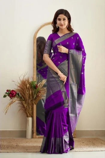 NEW ARRIVAL LICHI SILK RICH PALLU & JACQUARD WORK SAREE WITH UNSTITCHED BLOUSE PURPLE