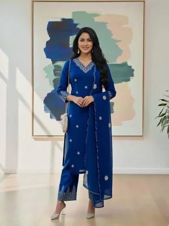 NEW ARRIVAL RAYON COTTON EMBROIDERY WORK TOP BOTTOM WITH DUPATTA BLUE