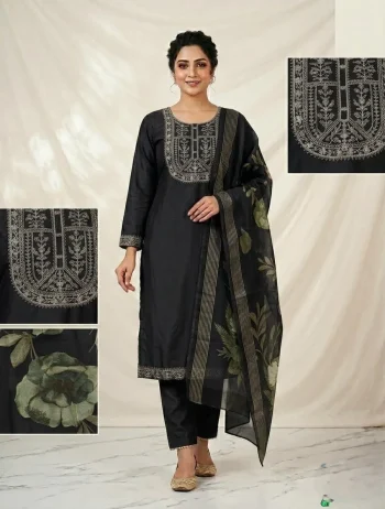 NEW ARRIVAL SLUB COTTON CUT PASTE EMBROIDERY WORK TOP BOTTOM WITH DUPATTA BLACK