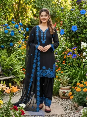 RICH LOOK CREPE SILK SEQUENCE EMBROIDERY WORK TOP PATIYALA WITH DUPATTA BLACK AND RAMA