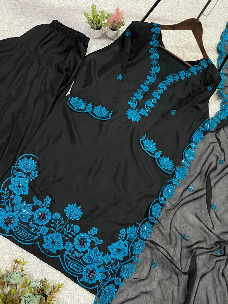 1RICH LOOK CREPE SILK SEQUENCE EMBROIDERY WORK TOP PATIYALA WITH DUPATTA CASUAL WEAR WHOLESALE PRICE ETHNIC GARMENT (26)