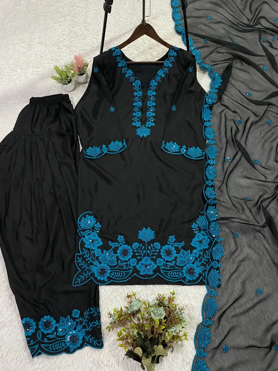 1RICH LOOK CREPE SILK SEQUENCE EMBROIDERY WORK TOP PATIYALA WITH DUPATTA CASUAL WEAR WHOLESALE PRICE ETHNIC GARMENT (27)