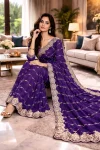 RICH LOOK FENDY SATIN BEADS EMBROIDERY AND LINING WORK WITH CUTWORK BORDER SAREE WITH UNSTITCHED BLOUSE PURPLE