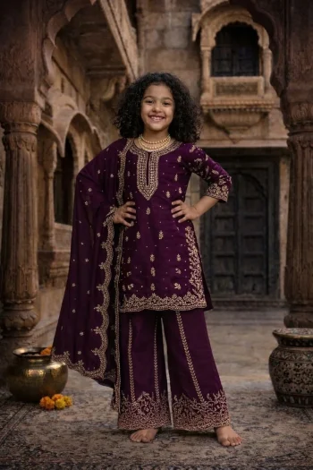 RICH LOOK GEORGETTE EMBROIDERY, 5 MM SEQUENCE & CODING & MOTI WORK TOP PALAZZO WITH DUPATTA WINE