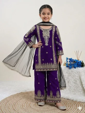 RICH LOOK GEORGETTE EMBROIDERY &  5 MM  SEQUENCE WORK KID'S TOP BOTTOM WITH DUPATTA PURPLE