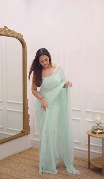 RICH LOOK GEORGETTE HEART HANDWORK KUMUD BEADS WORK SAREE WITH UNSTITCHED BLOUSE SKY