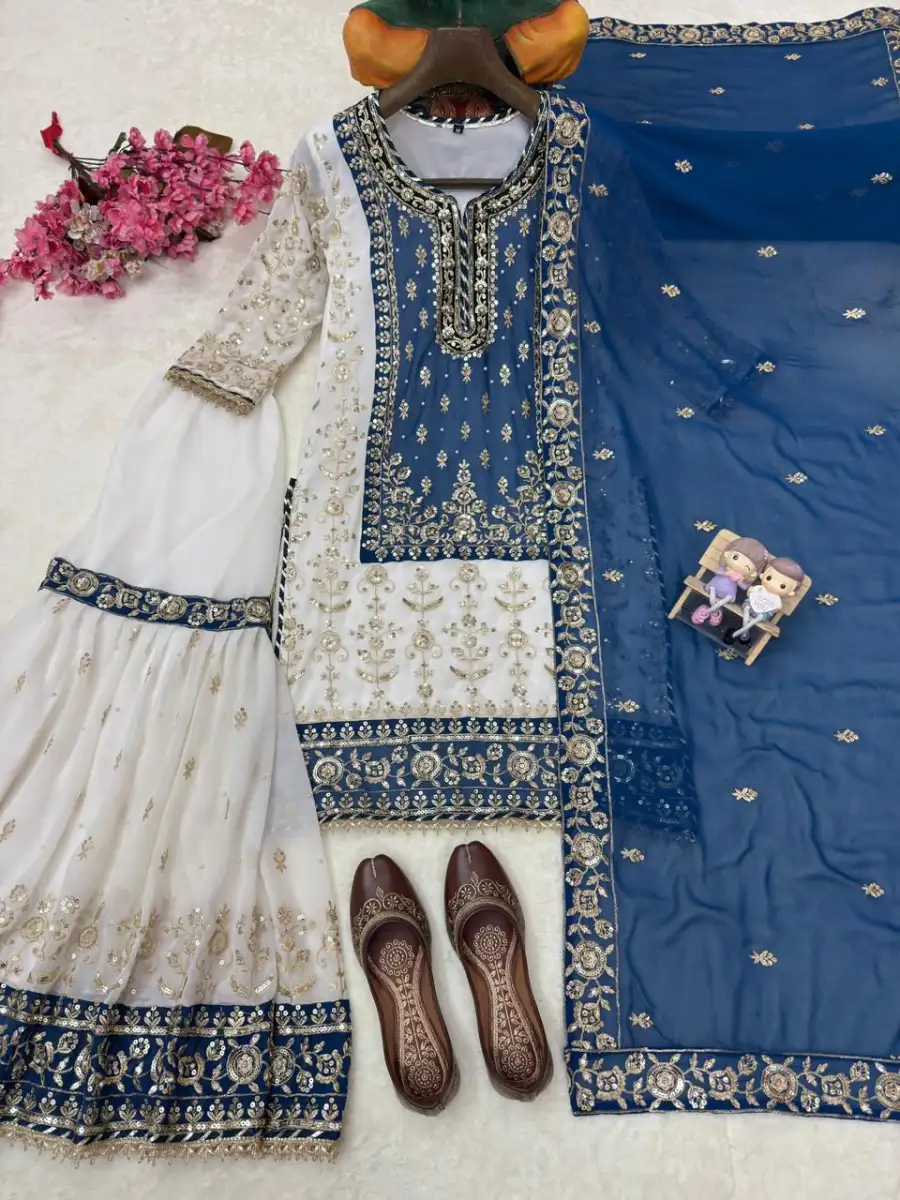 1RICH LOOK GEORGETTE SEQUENCE & ZARI EMBROIDERY WITH PEARL MOTI WORK TOP SHARARA WITH DUPATTA FESTIVE WEAR WHOLESALE PRICE ETHNIC GARMENT (11)