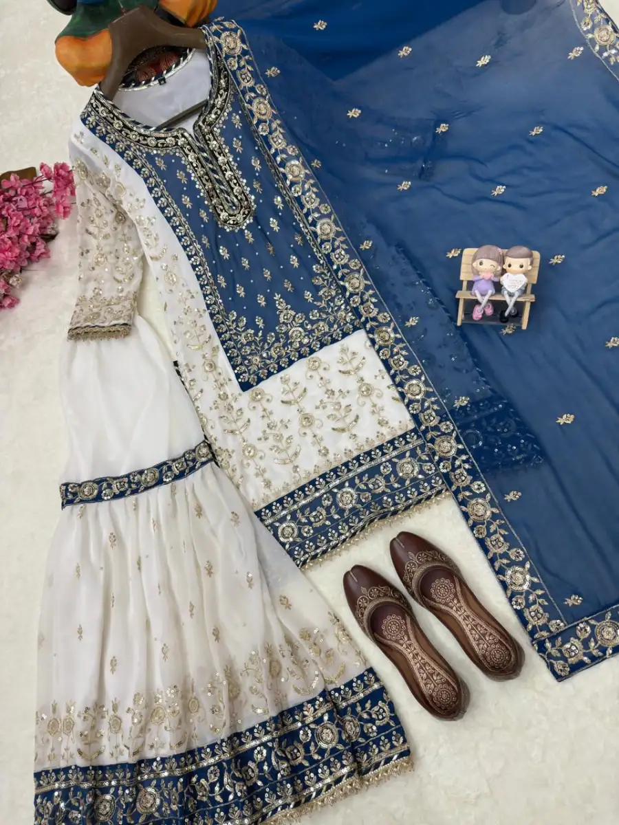 1RICH LOOK GEORGETTE SEQUENCE & ZARI EMBROIDERY WITH PEARL MOTI WORK TOP SHARARA WITH DUPATTA FESTIVE WEAR WHOLESALE PRICE ETHNIC GARMENT (17)