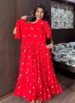 RICH LOOK MUL CHANDERI EMBROIDERY THREAD WORK ONE PIECE DRESS RED