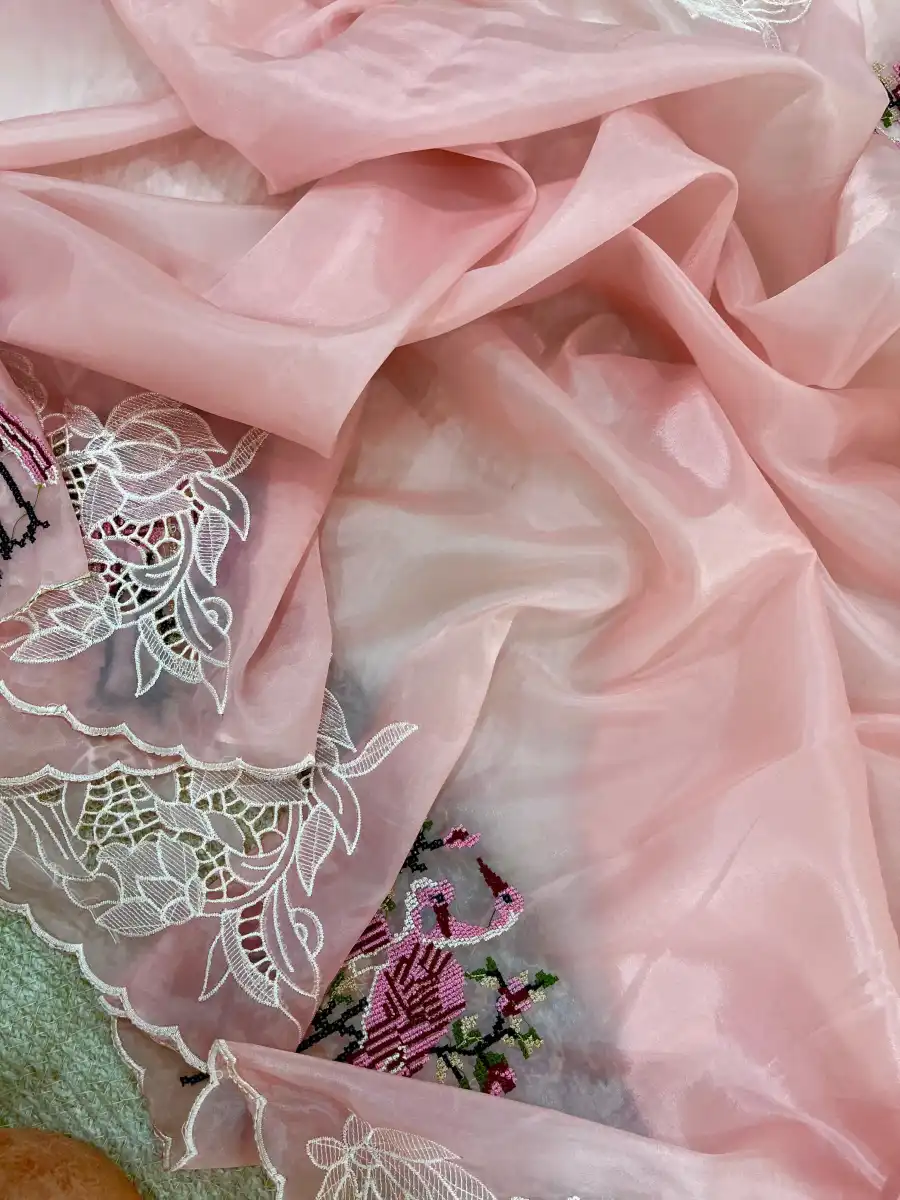 1RICH LOOK ORGANZA MULTI THREAD EMBROIDERY WORK WITH CUTWORK PATCH AND BORDER WORK SAREE WITH UNSTITCHED BLOUSE WEDDING WEAR WHOLESALE PRICE ETHNIC GARMENT (3)