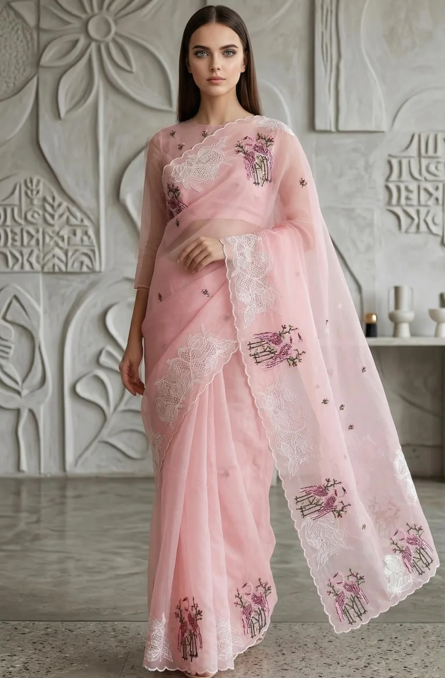 1RICH LOOK ORGANZA MULTI THREAD EMBROIDERY WORK WITH CUTWORK PATCH AND BORDER WORK SAREE WITH UNSTITCHED BLOUSE WEDDING WEAR WHOLESALE PRICE ETHNIC GARMENT (4)