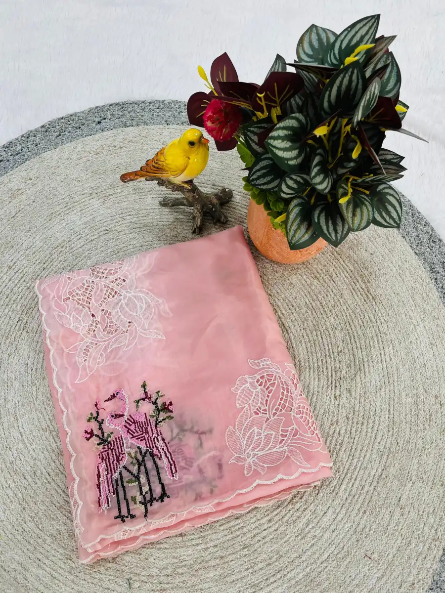 1RICH LOOK ORGANZA MULTI THREAD EMBROIDERY WORK WITH CUTWORK PATCH AND BORDER WORK SAREE WITH UNSTITCHED BLOUSE WEDDING WEAR WHOLESALE PRICE ETHNIC GARMENT (7)