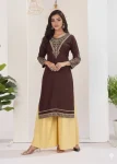 RICH LOOK RAYON EMBROIDERY WORK KURTI PALAZZO SET BROWN