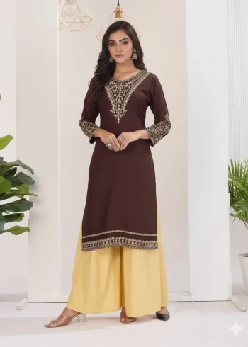 RICH LOOK RAYON EMBROIDERY WORK KURTI PALAZZO SET BROWN