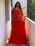 RICH LOOK SPACE SILK SEQUENCE EMBROIDERY WORK TOP LEHENGA SET ORANGE