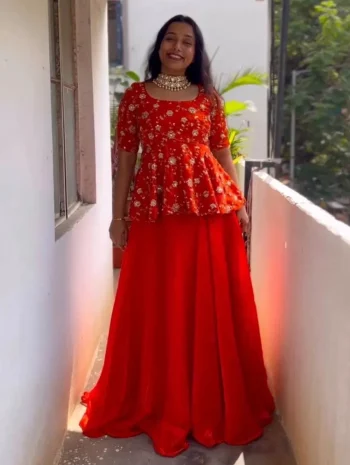 RICH LOOK SPACE SILK SEQUENCE EMBROIDERY WORK TOP LEHENGA SET ORANGE