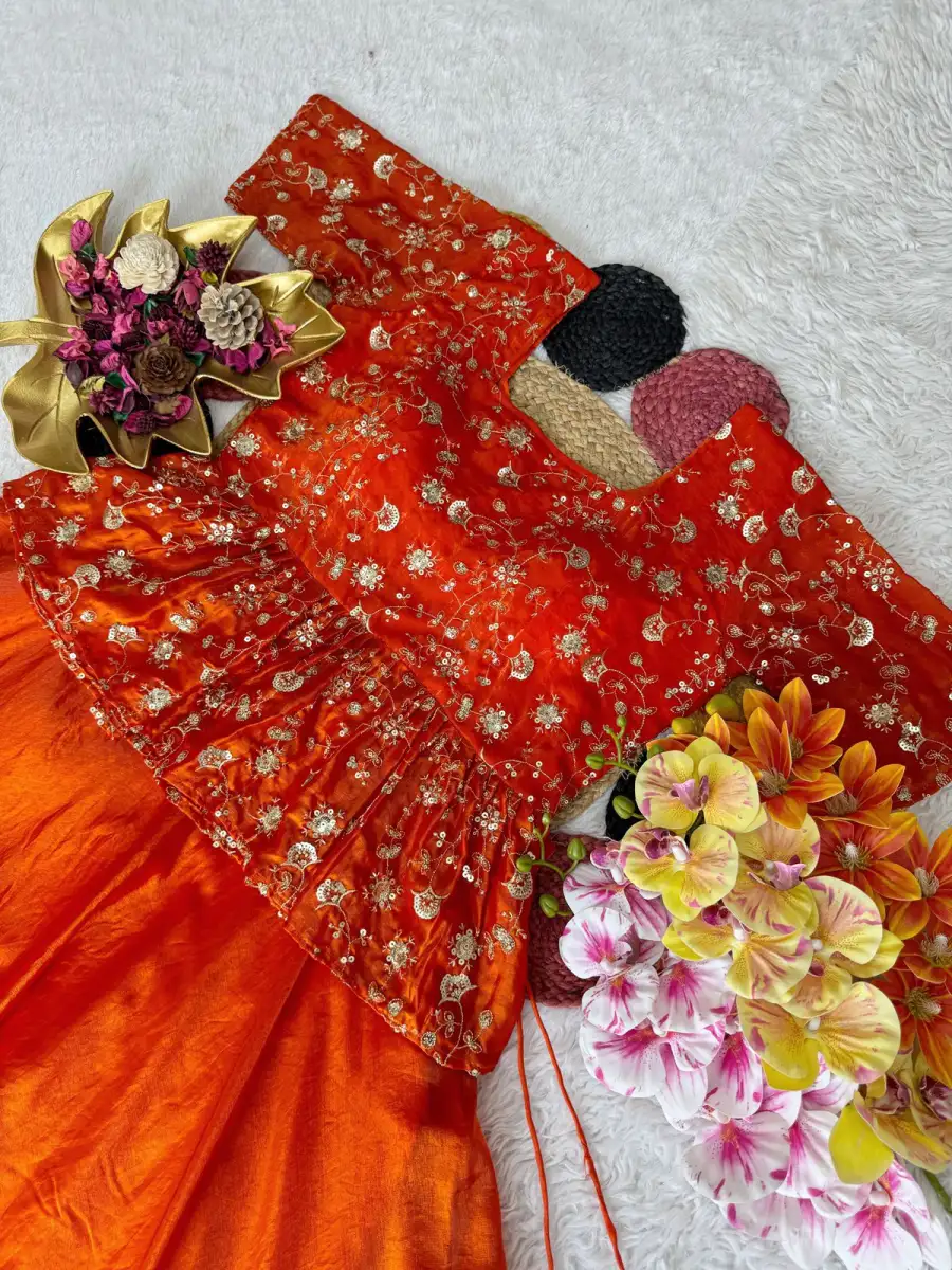 1RICH LOOK SPACE SILK SEQUENCE EMBROIDERY WORK TOP LEHENGA SET WEDDING WEAR WHOLESALE PRICE ETHNIC GARMENT (4)