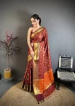 TRENDING BANARASI TISSUE BUTTI WORK WITH HEAVY BORDER SAREE WITH UNSTITCHED BLOUSE BROWN