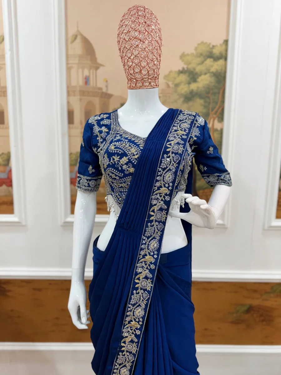 1TRENDING CHINON SEMI- BEADS EMBROIDERY WORK READY TO WEAR SAREE WITH STITCHED BLOUSE PARTY WEAR WHOLESALE PRICE ETHNIC GARMENT (13)