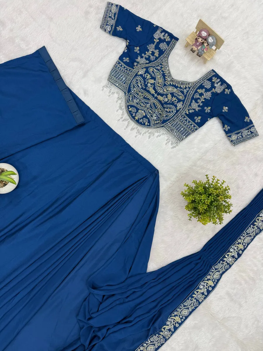 1TRENDING CHINON SEMI- BEADS EMBROIDERY WORK READY TO WEAR SAREE WITH STITCHED BLOUSE PARTY WEAR WHOLESALE PRICE ETHNIC GARMENT (14)