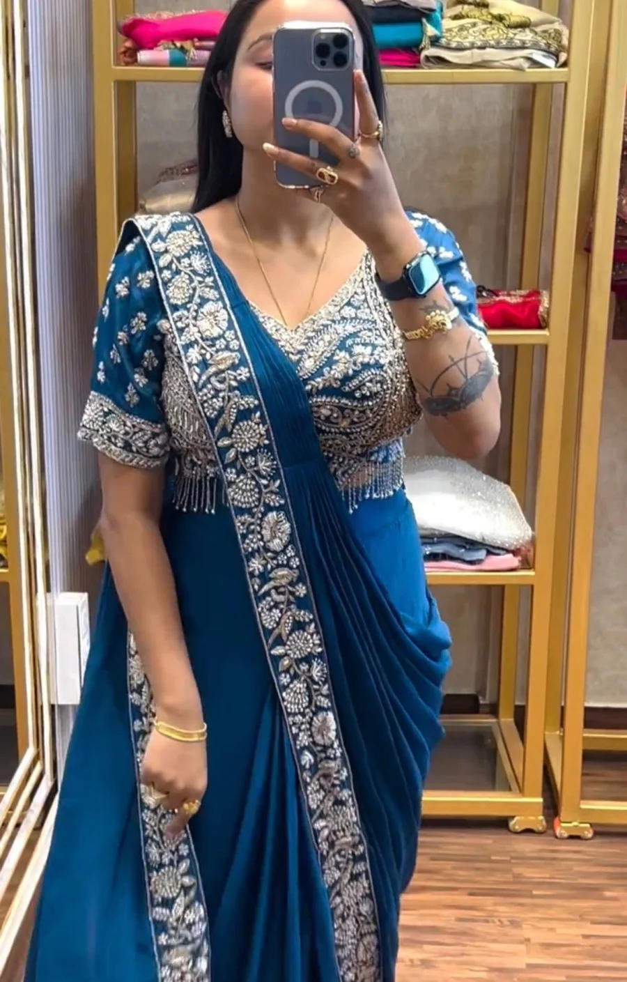 1TRENDING CHINON SEMI- BEADS EMBROIDERY WORK READY TO WEAR SAREE WITH STITCHED BLOUSE PARTY WEAR WHOLESALE PRICE ETHNIC GARMENT (15)