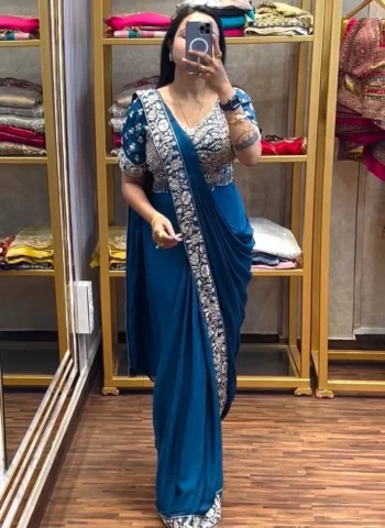 TRENDING CHINON SEMI- BEADS EMBROIDERY WORK READY TO WEAR SAREE WITH STITCHED BLOUSE BLUE