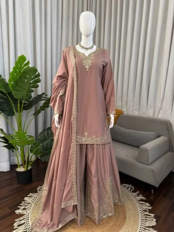 TRENDING NATURAL CREPE THREAD WITH SEQUENCE & FANCY LACE WORK TOP PALAZZO WITH DUPATTA LAVENDER