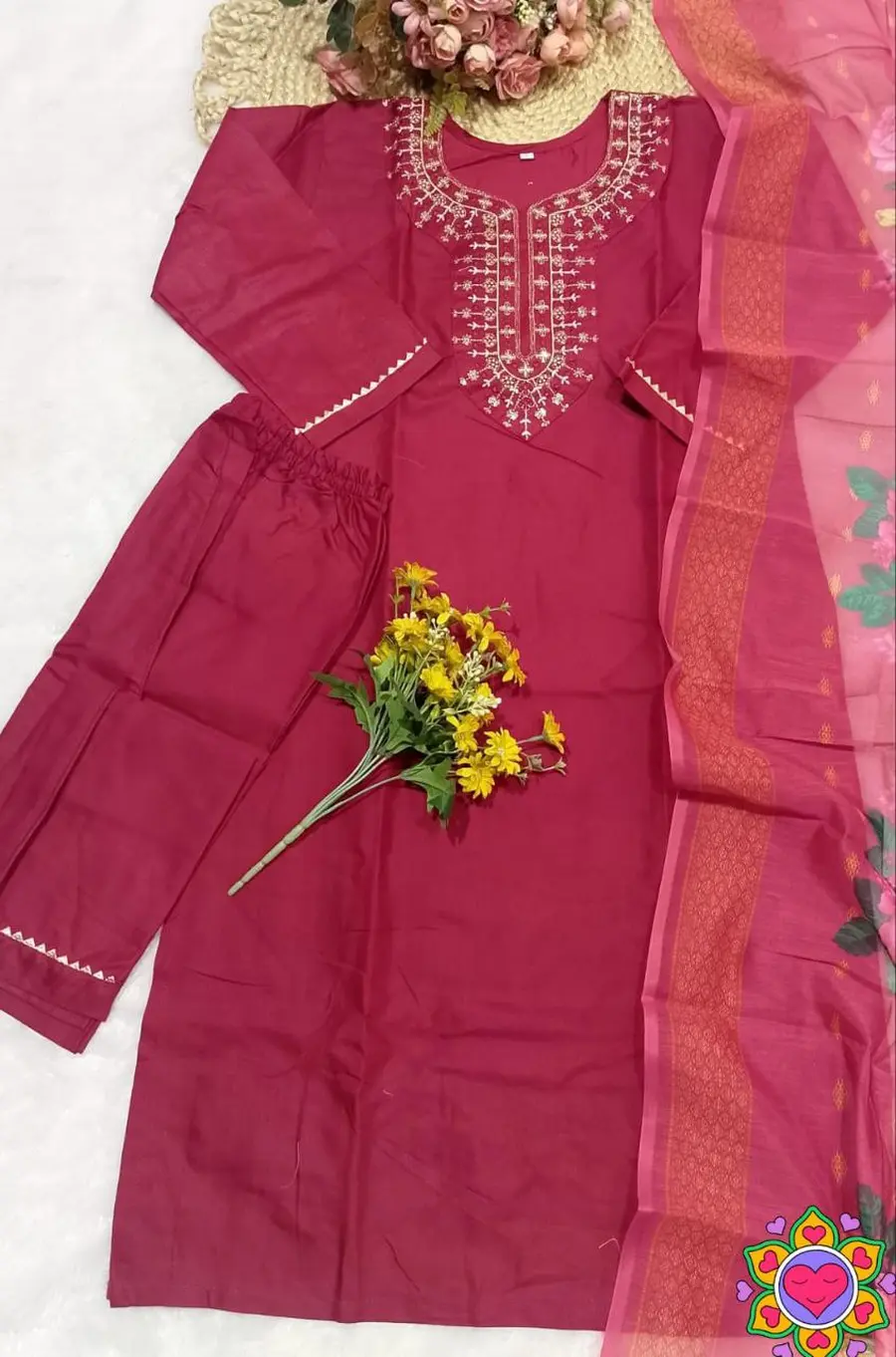 1TRENDING SLUB COTTON CUT PASTE EMBROIDERY WORK TOP BOTTOM WITH DUPATTA OFFICE WEAR WHOLESALE PRICE ETHNIC GARMENT (10)