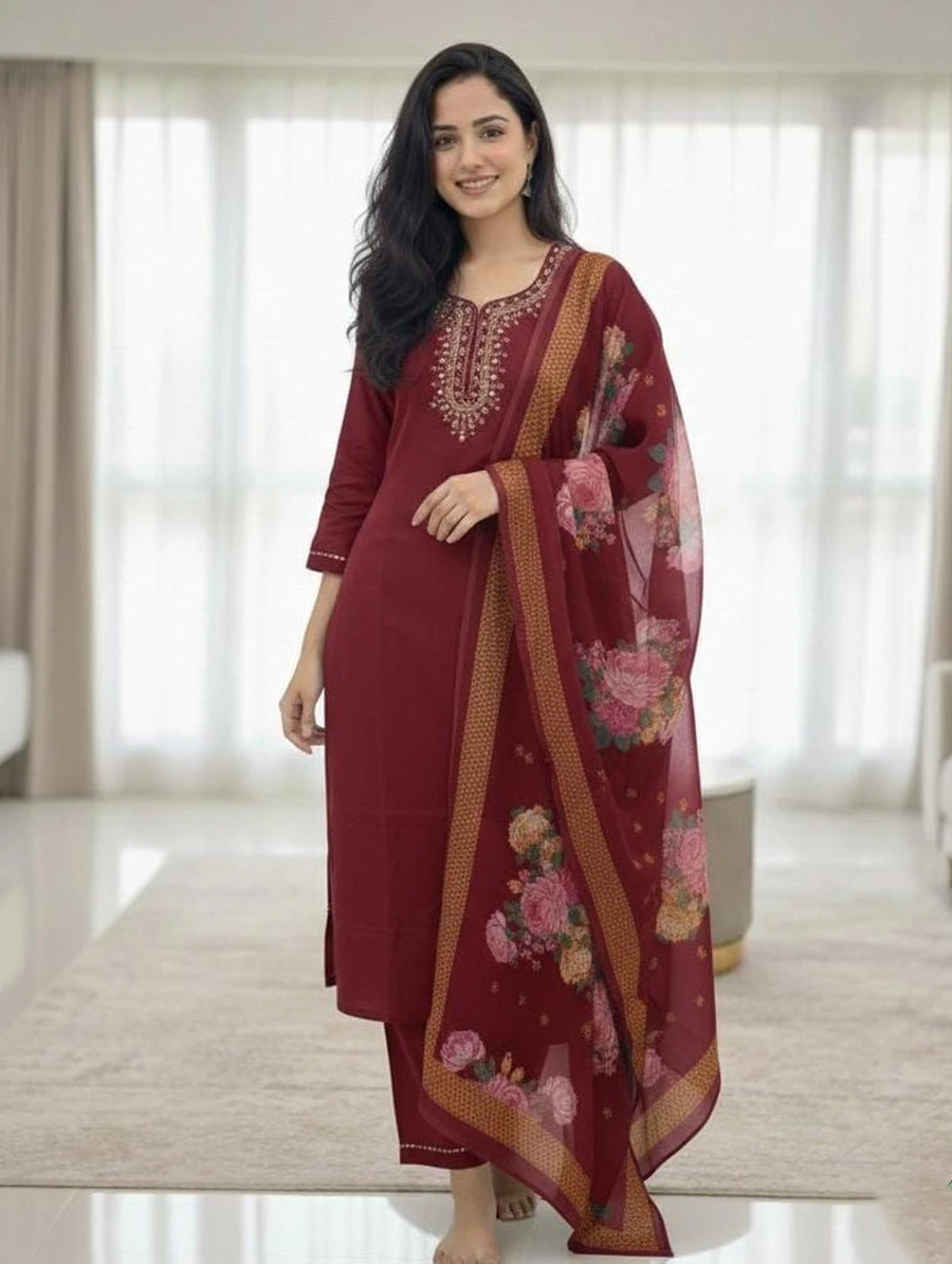 1TRENDING SLUB COTTON CUT PASTE EMBROIDERY WORK TOP BOTTOM WITH DUPATTA OFFICE WEAR WHOLESALE PRICE ETHNIC GARMENT (9)