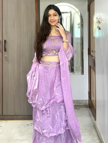 FANCY FENDY SILK THREAD, EMBROIDERY , CODING AND SEQUENCE WORK LEHENGA BLOUSE AND WAIST BELT EXTRA FAILR LAVENDER