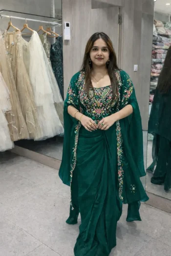 NEW ARRIVAL NATURAL CREPE EMBROIDERY WORK DRAPED SKIRT BLOUSE AND SHRUG GREEN