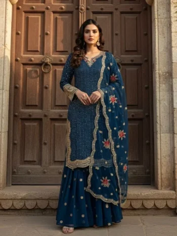 RICH LOOK GEORGETTE EMBROIDERY   3MM SEQUENCE WITH HAND WORK TOP SHARARA WITH DUPATTA BLUE