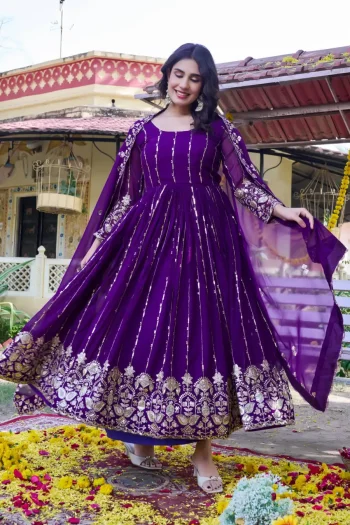 RICH LOOK GEORGETTE SEQUENCE EMBROIDERY WORK GOWN WITH DUPATTA PURPLE